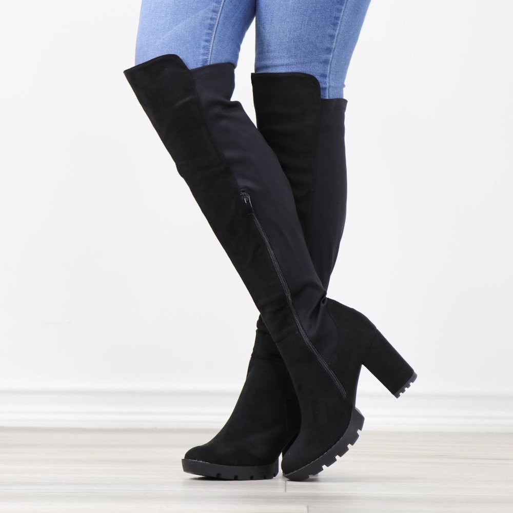 Black Faux Suede Round Toe Thigh High Over The Knee Lug Block Heel Boots - Picture 10 of 14